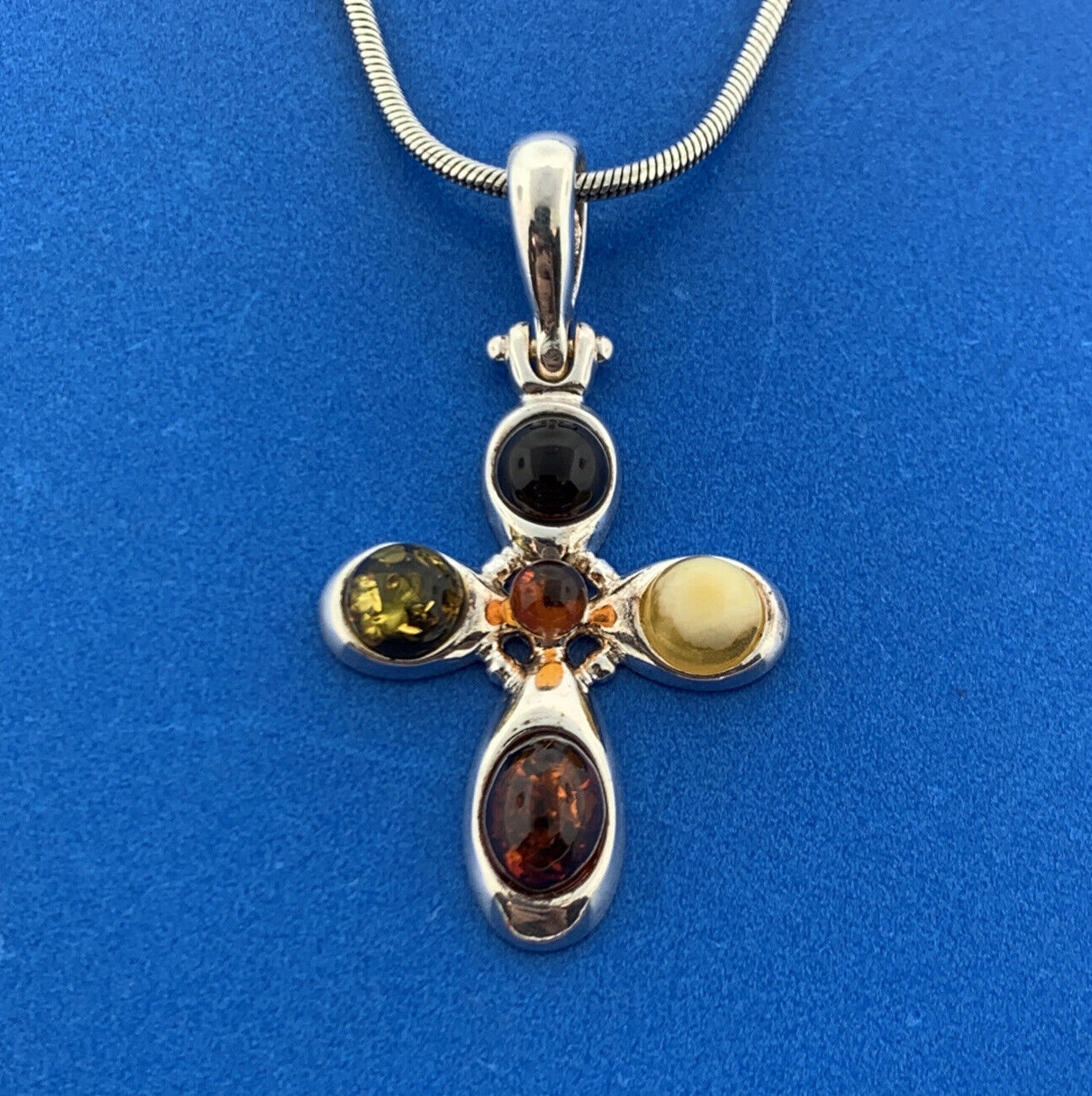 Designer 925 Sterling Silver Amber Modernist Cross Religious Pendant Necklace