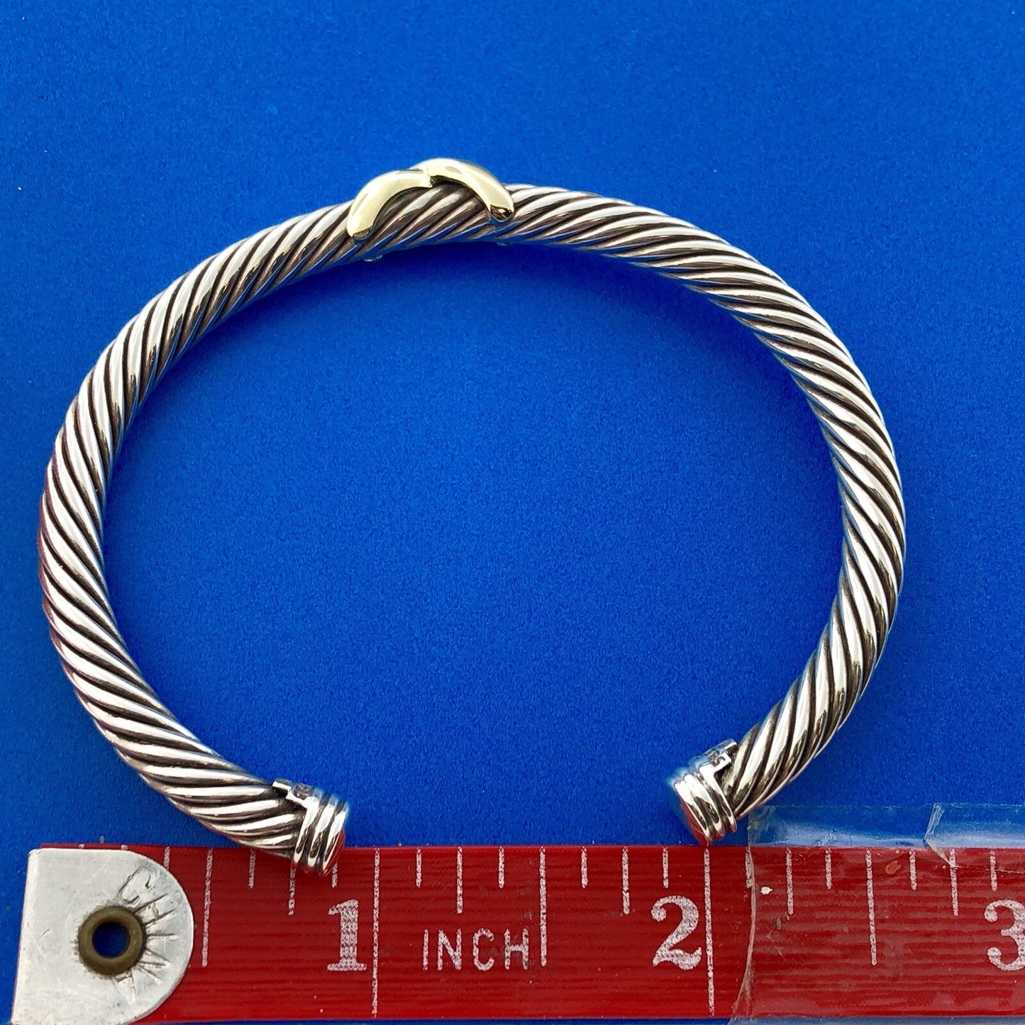 David Yurman 925 Sterling Silver 14K Gold Station Single X Cable Cuff Bracelet