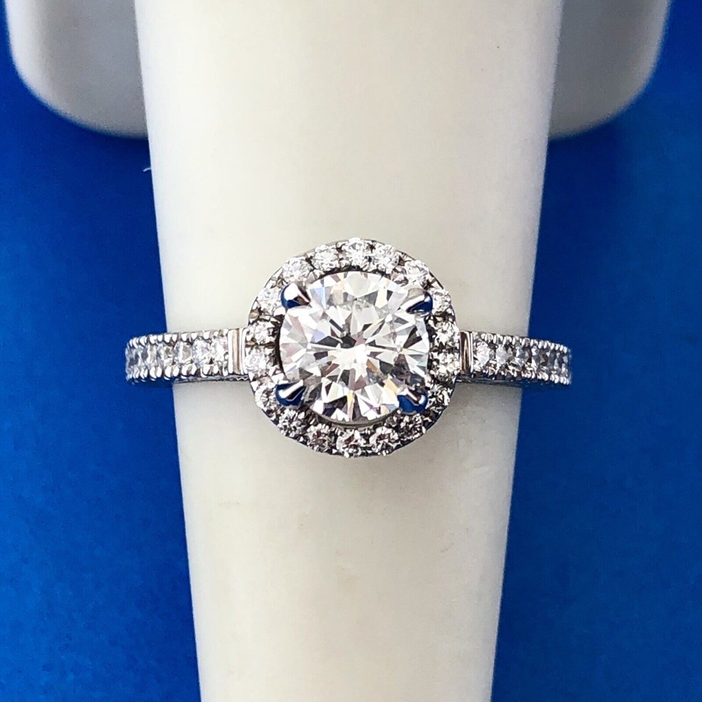 Designer 14K White Gold Round Diamond Solitaire W Halo Accents 2 Ring Bridal Set