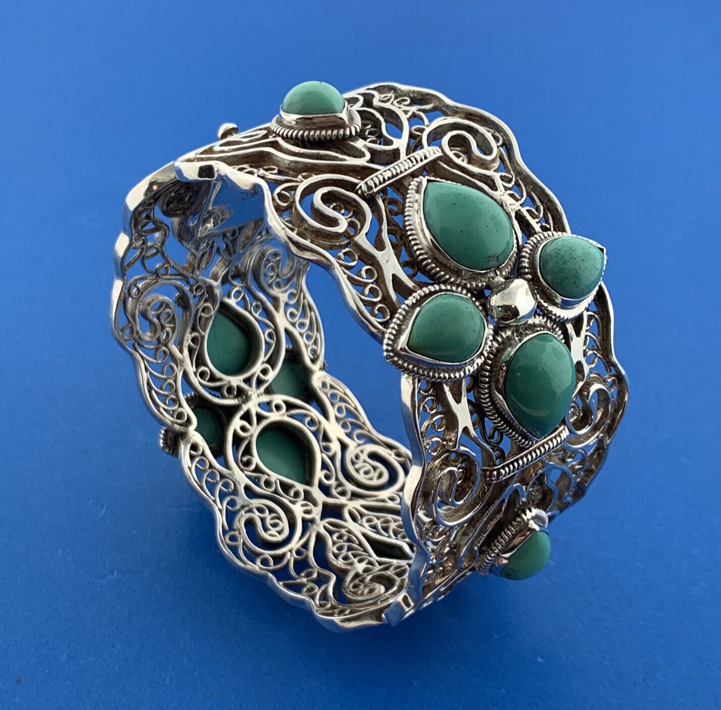 Designer Sterling Silver Turquoise Open Filigree Statement Hinged Cuff Bracelet