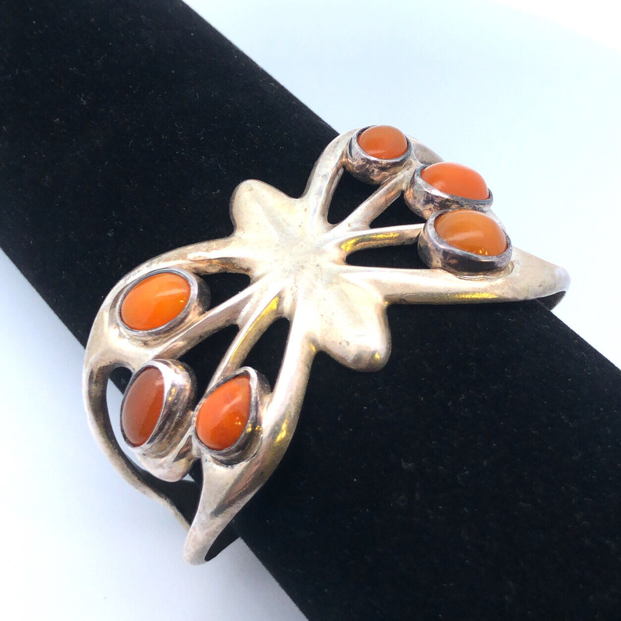 Modernist 925 Sterling Silver Mexican Fire Opal Butterfly Open Cuff Bracelet
