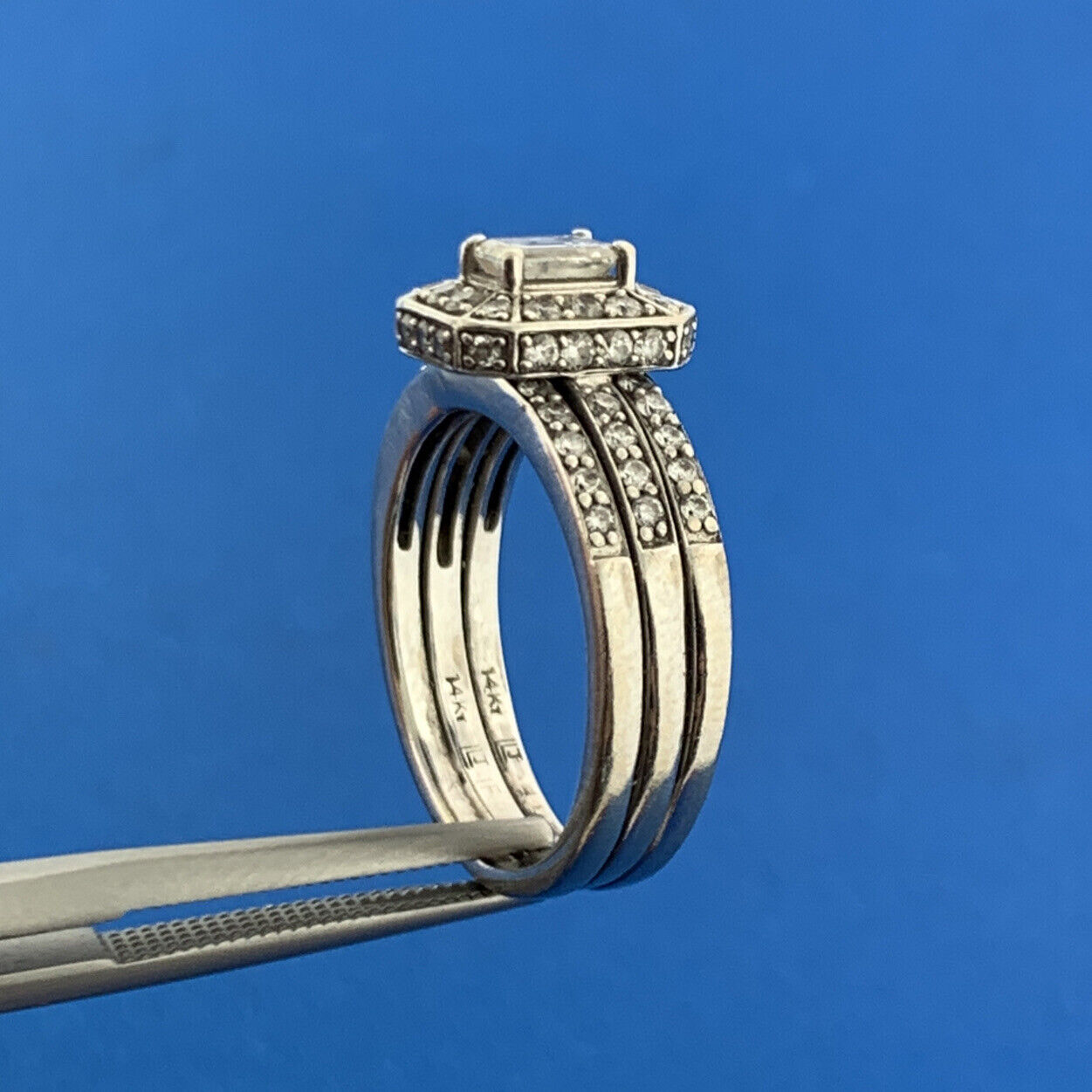 Designer 14K White Gold Diamond Solitaire Halo Accented 3 Band Engagement Ring