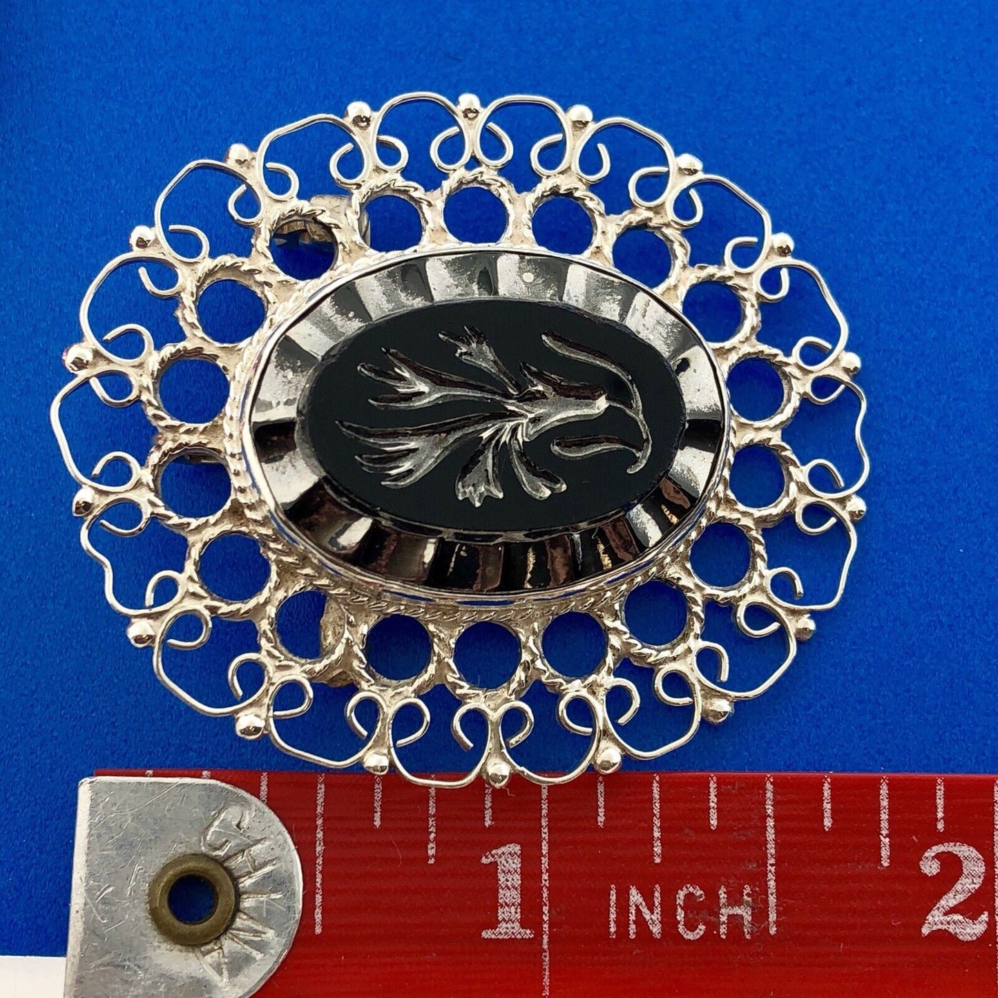 Plata De Jalisco Mexico Sterling Silver Black Intaglio Glass Pin Brooch Pendant