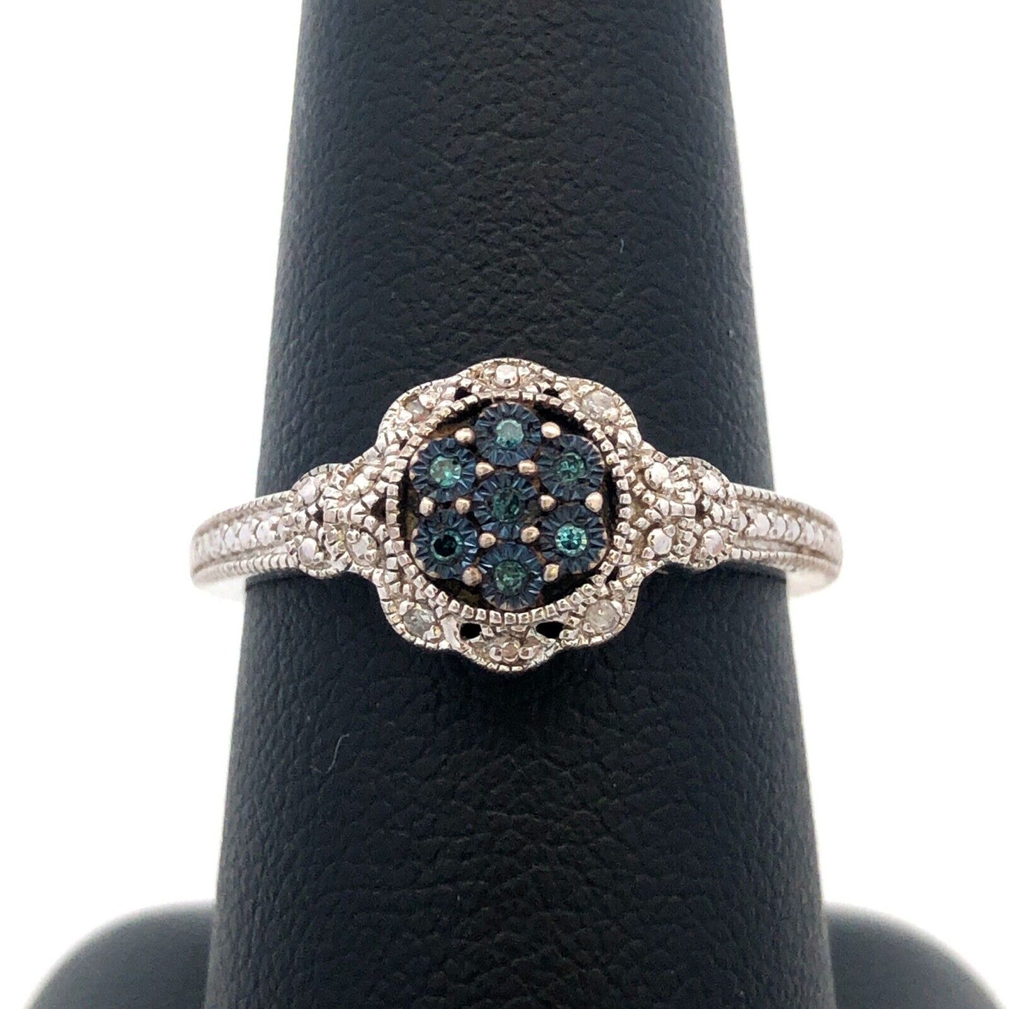 Designer 925 Sterling Silver Blue White Round Diamond Bead Detail Cocktail Ring