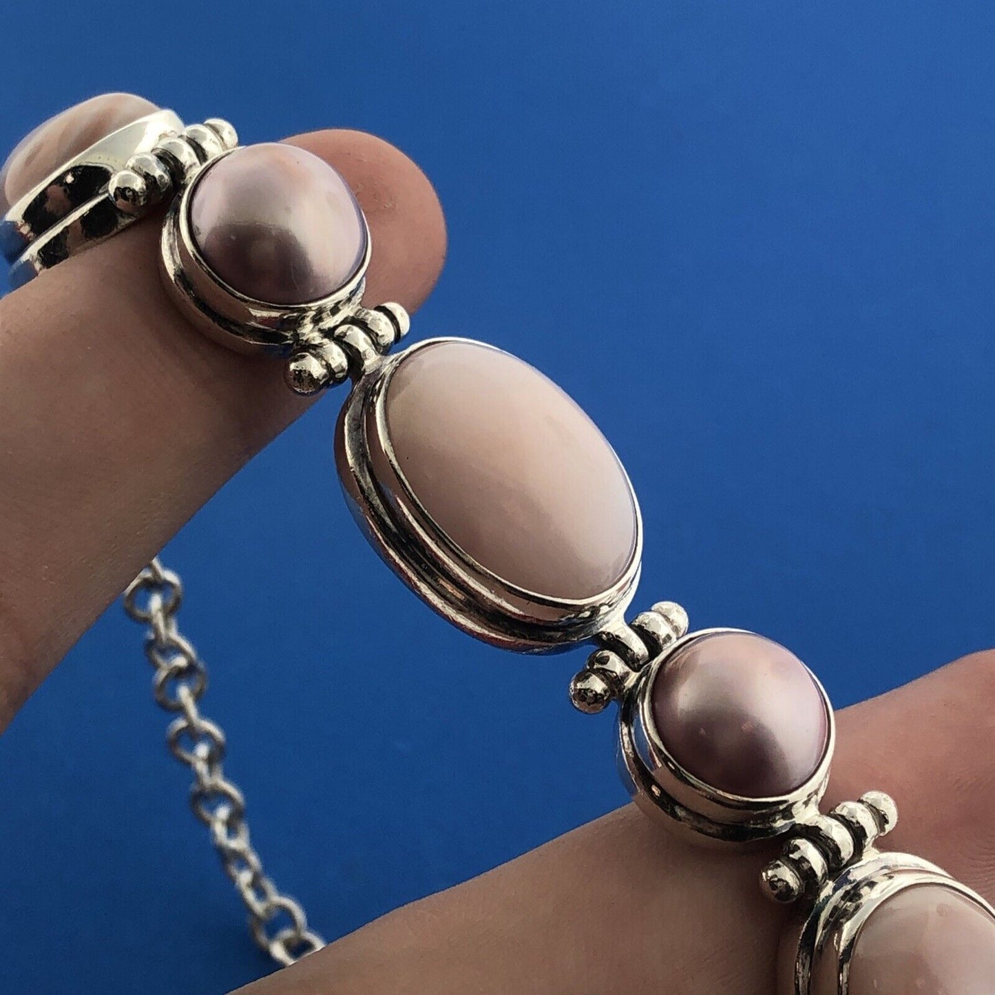 Sterling Silver Rose Quartz Pink Mother Of Pearl Rose Pearl Cabochon Bracelet