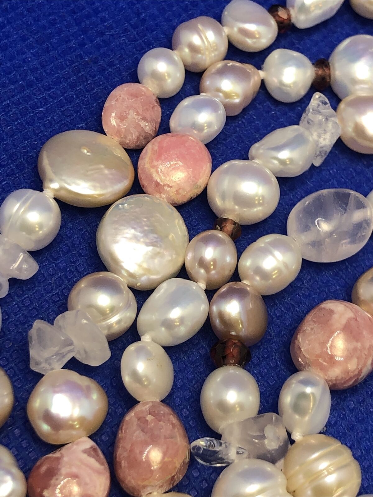 Sterling Silver Pink White Pearl Rhodochrosite Moonstone Garnet Beaded Necklace