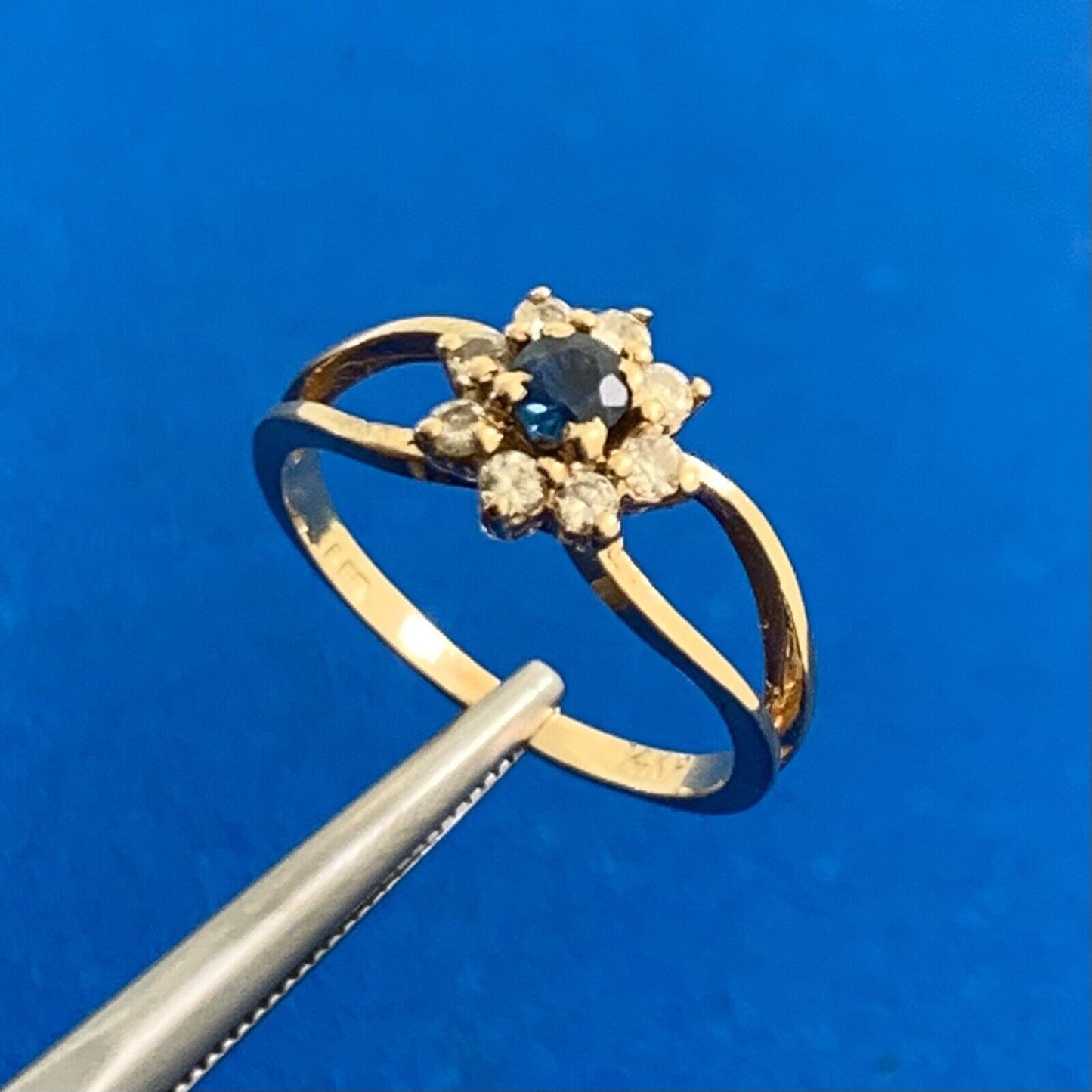 Designer 14K Yellow Gold Round Blue Sapphire Diamond Accent Cocktail Ring