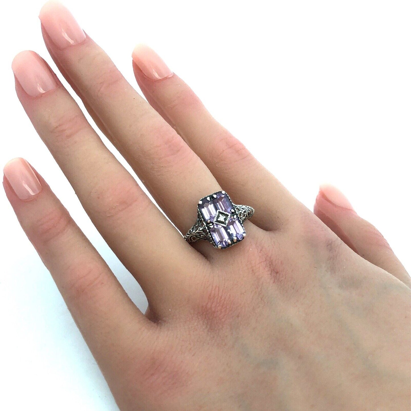 Designer CNA 925 Sterling Silver Amethyst Diamond Filigree Detail Rectangle Ring