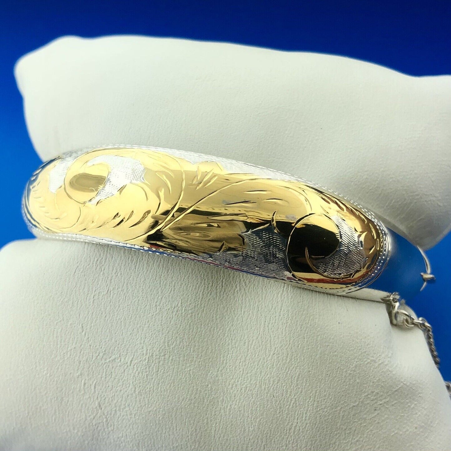 Designer CI Sterling Silver 925 Gold Two Tone Floral Scroll Hinged Cuff Bracelet