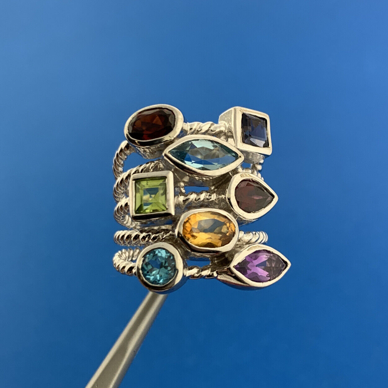 ATI 925 Sterling Silver Mixed Gemstone Five Rope Band Statement Cocktail Ring