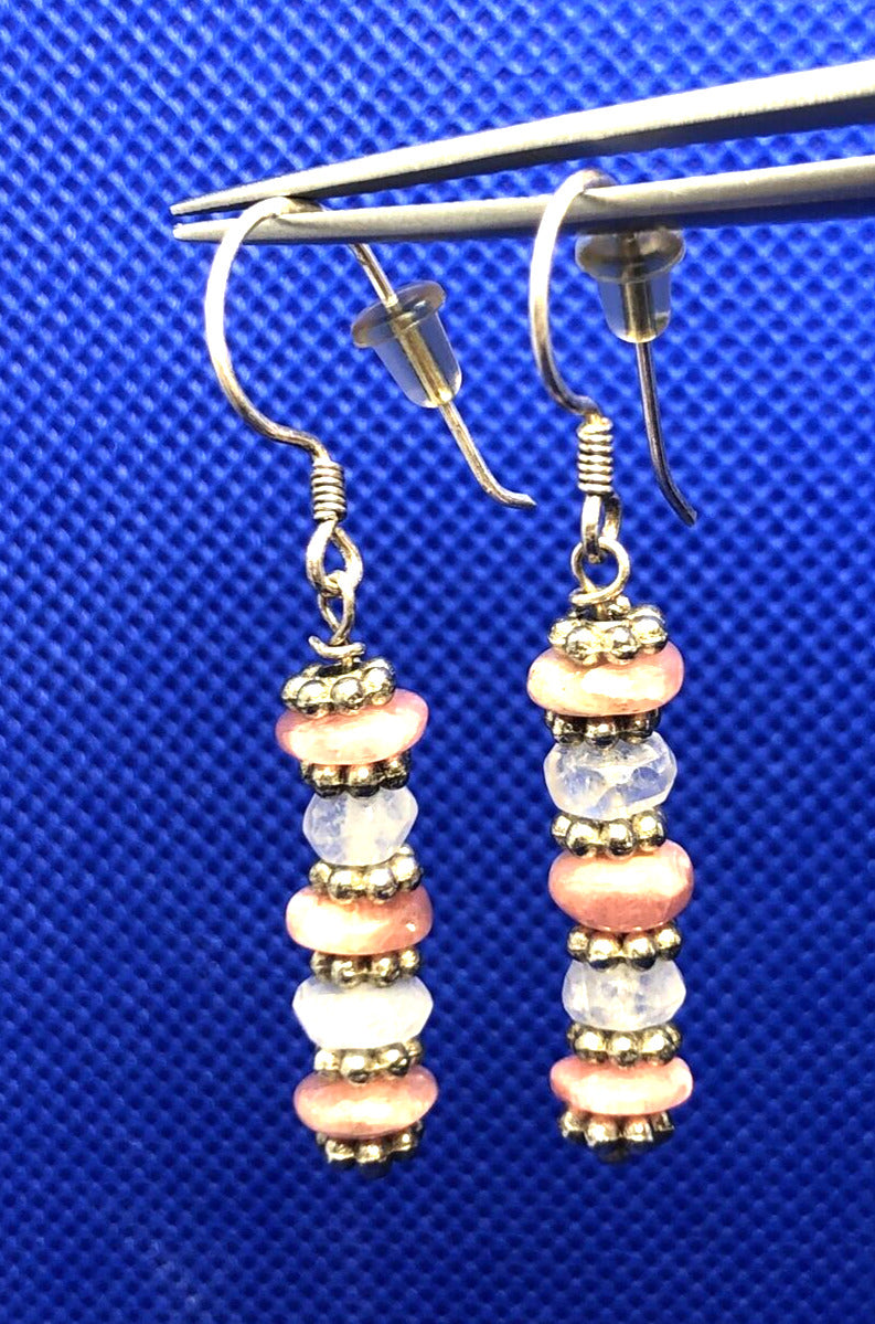 Sterling Silver 925 Pink Rhodochrosite and Moonstone Beaded Hook Dangle Earrings