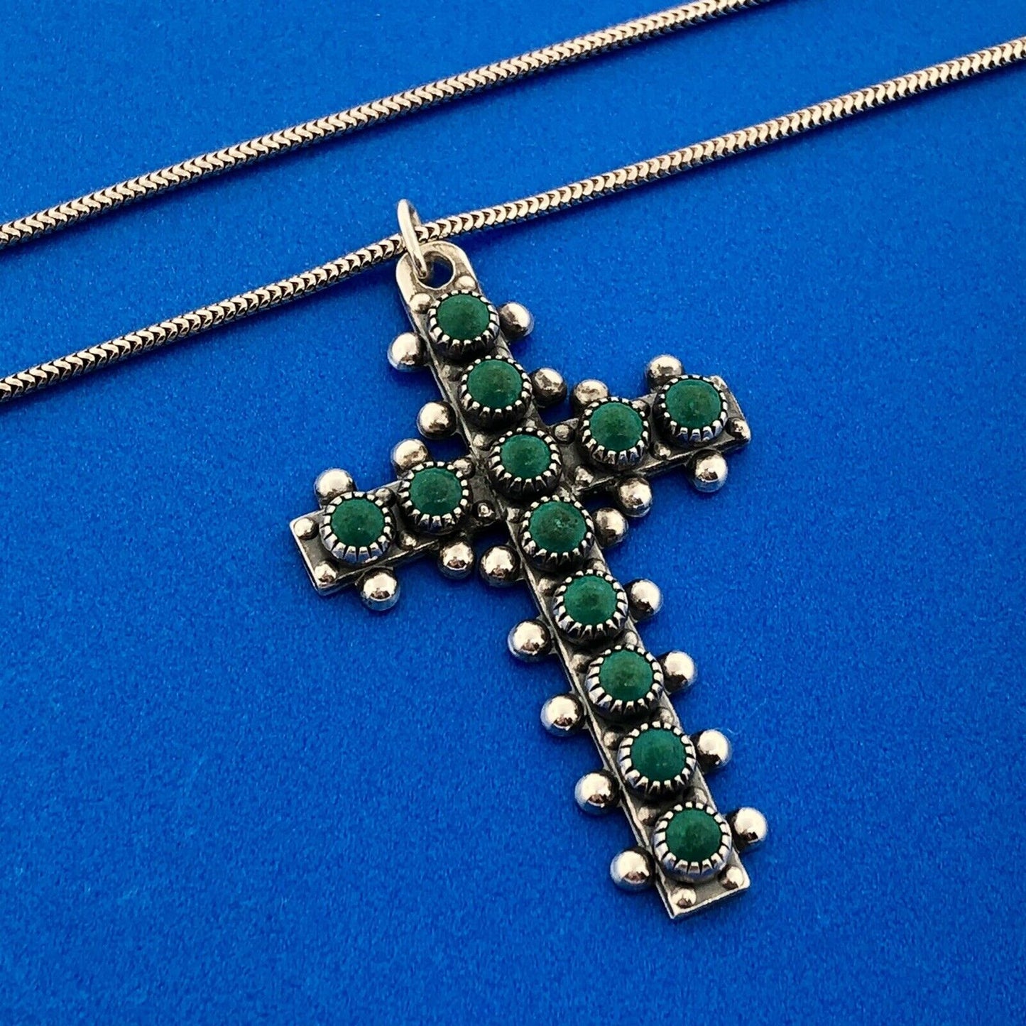 Stunning Sterling Silver 925 Turquoise 18" Chain Religious Faith Cross Necklace