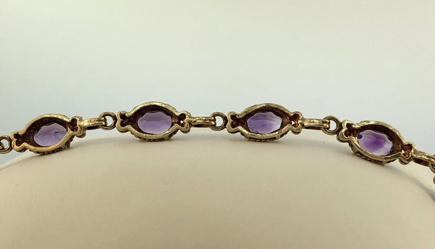 Vintage 10K Yellow Gold Oval Amethyst Panel February Anniversary Tennis Bracelet