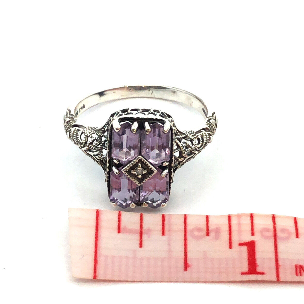 Designer CNA 925 Sterling Silver Amethyst Diamond Filigree Detail Rectangle Ring