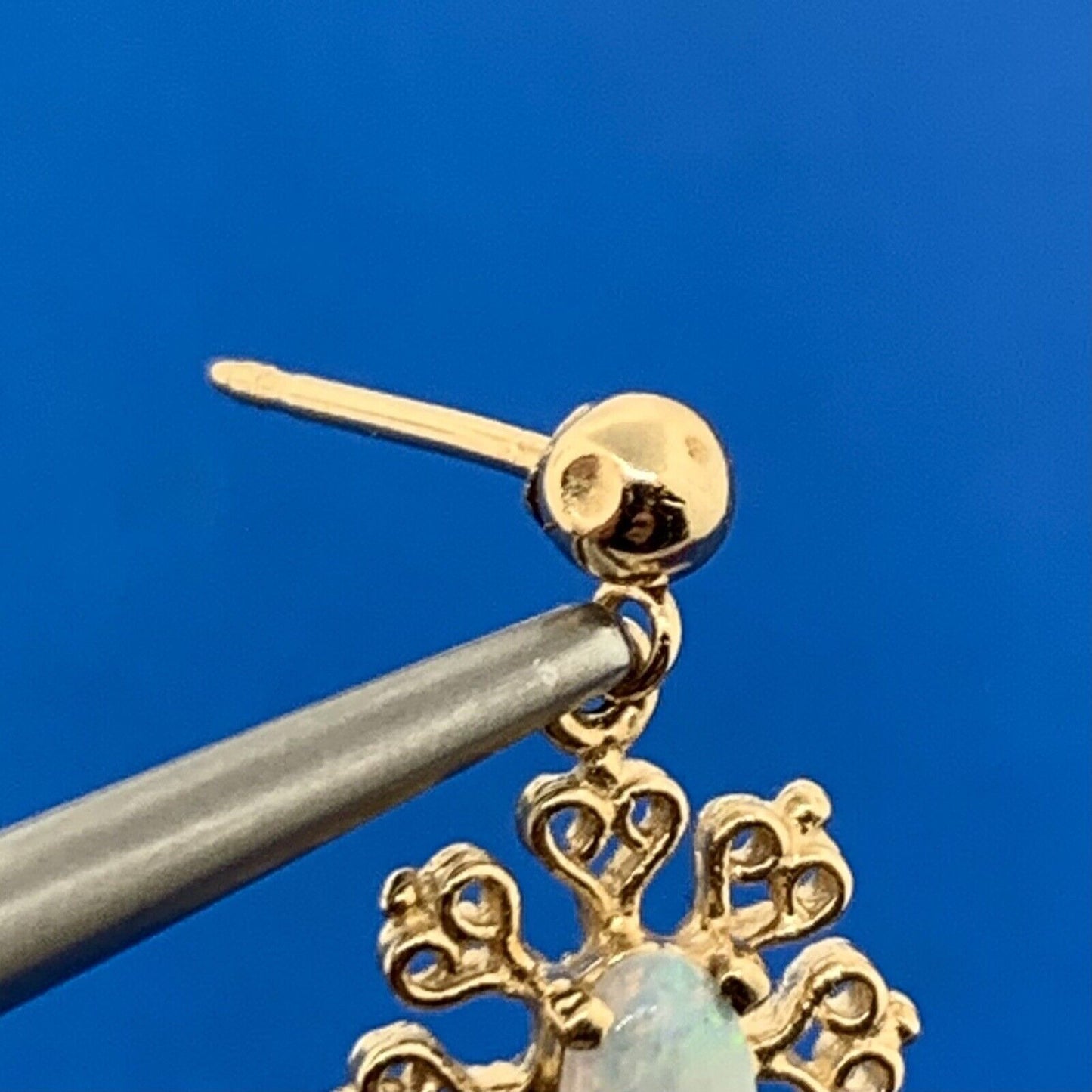 Designer 14K Yellow Gold Oval Opal Filigree Snowflake Dangle Stud Earrings