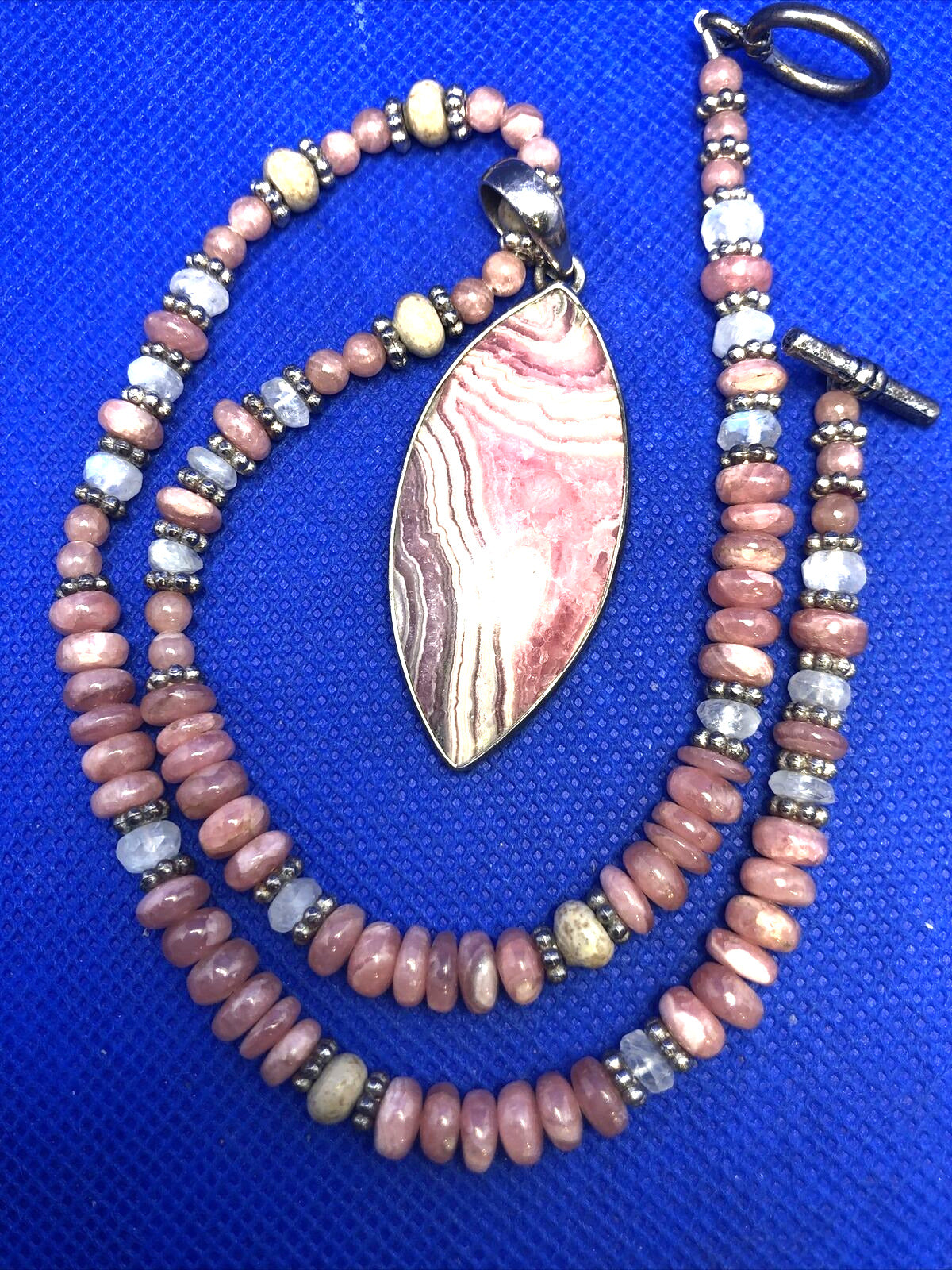 Estate 925 Sterling Silver Rhodochrosite Moonstone Stone Beaded Pendant Necklace