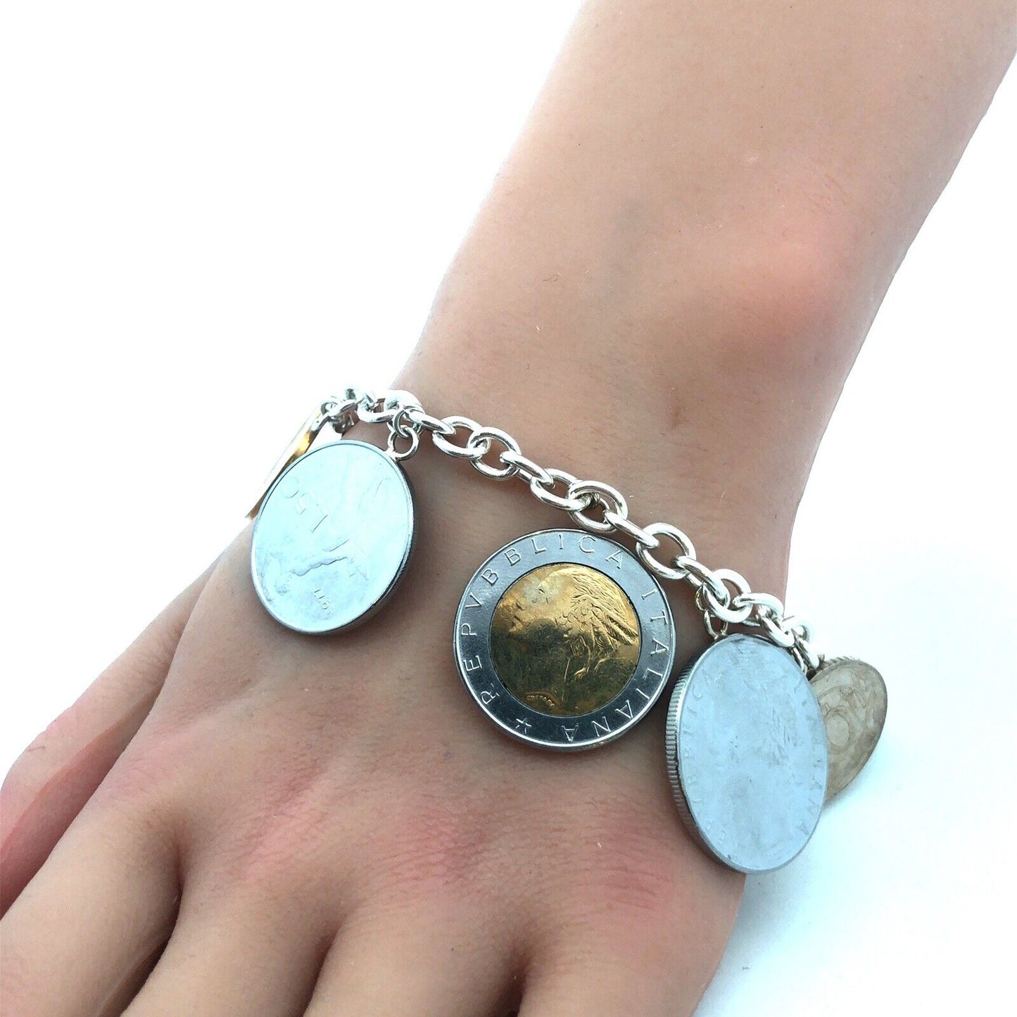 Designer Milor Italy 925 Sterling Silver Italian Coin Currency Charm Bracel