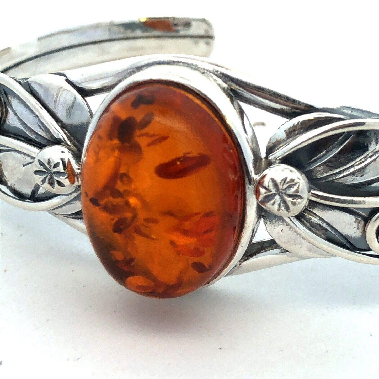 Vintage 925 Sterling Silver Oval Amber Leaves Nature Cuff Bracelet