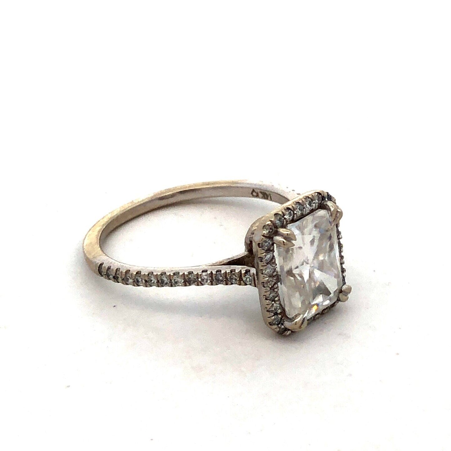 Designer 14K White Gold Emerald Cut Moissanite Halo Engagement Ring