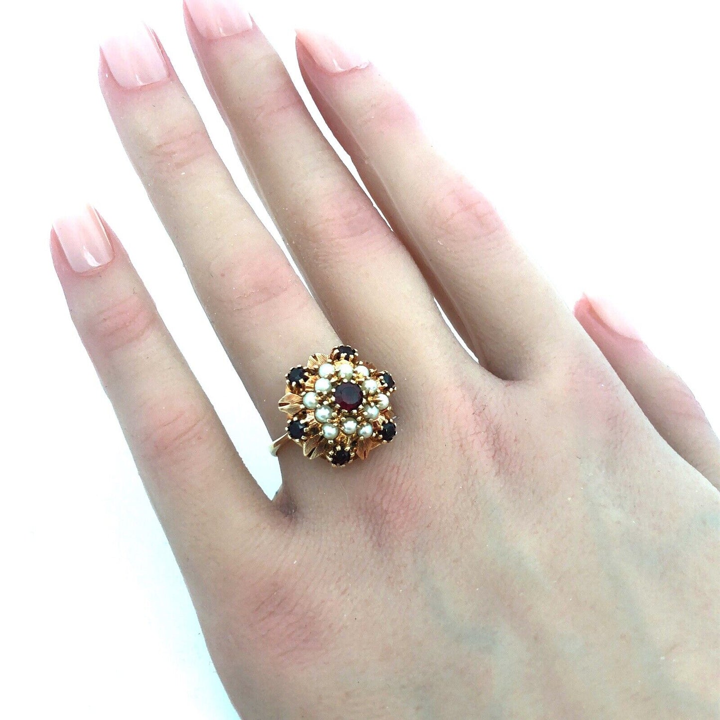 Designer 14k Yellow Gold Round Garnet Pearl Hexagon Cluster Dome Size 6.5 Ring