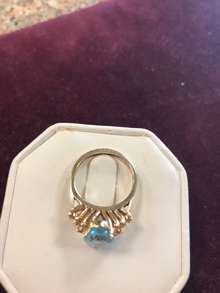 Vintage 10K Yellow Gold Blue Topaz Waterfall Diamond Engagement Anniversary Ring