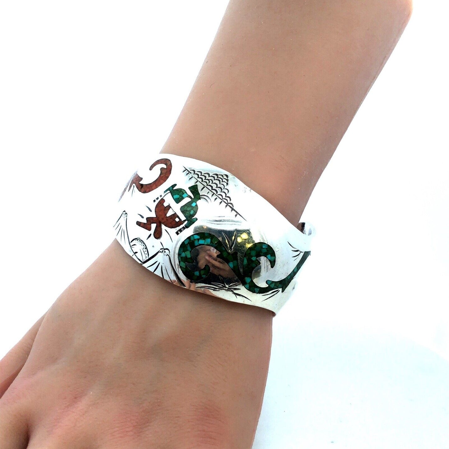 Native American BT 925 Sterling Silver Turquoise Coral Storyteller Cuff Bracelet