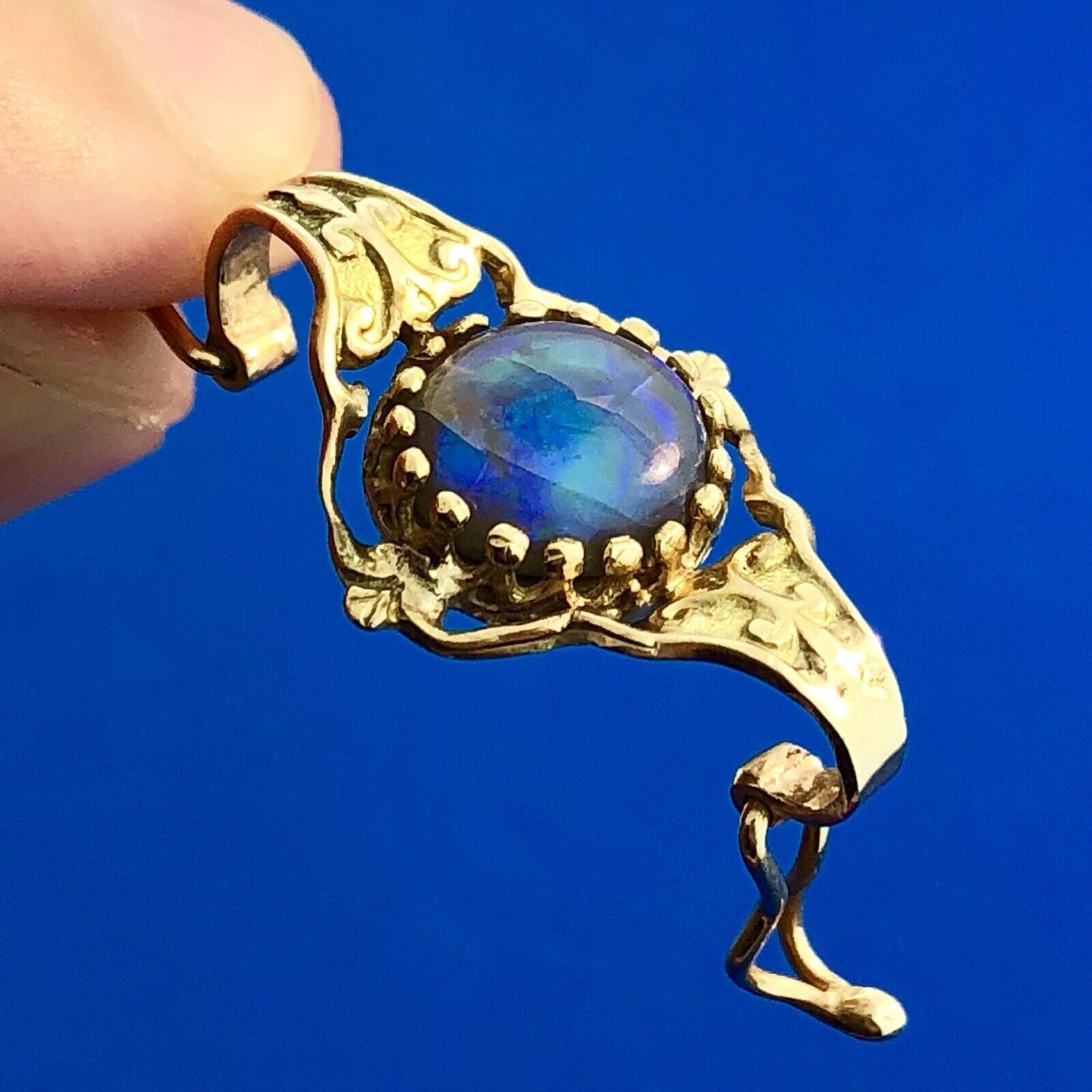 Vintage 14K Yellow Gold Black Fire Opal Etruscan Design Double Enhancer Pendant