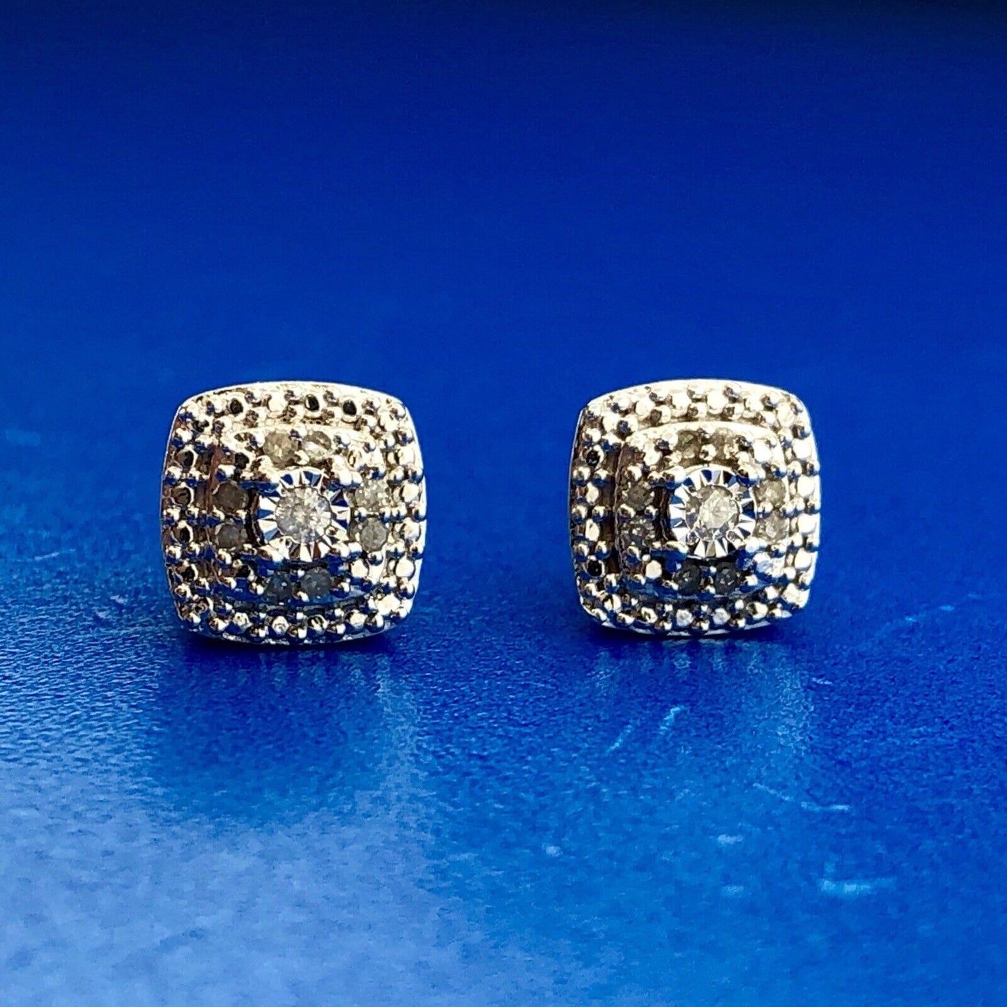 Elegant Sterling Silver 925 Diamond Three Tier Square Cluster Stud Earrings