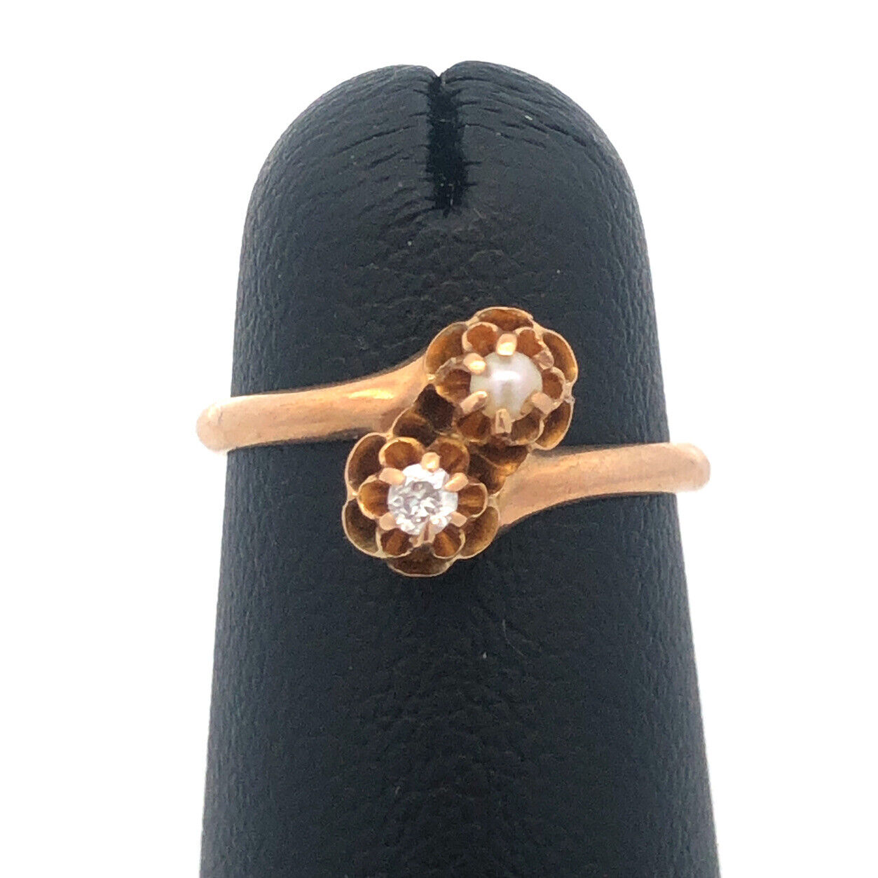 Vintage 10K Yellow Gold Diamond Pearl Bypass Sweetheart Promise Ring Size 3.4