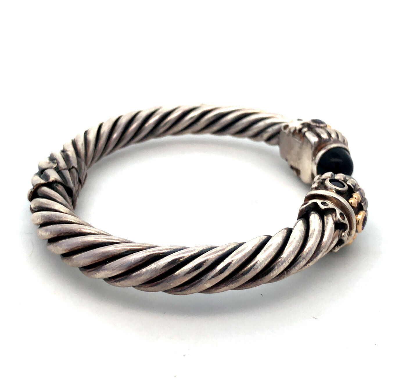 Designer 14K Gold 925 Sterling Silver Amethyst Black Onyx Cable Cuff Bracelet