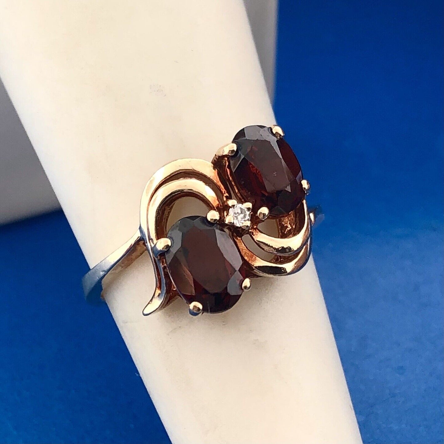 Retro Designer 10K Yellow Gold Garnet Diamond January Anniversary Bypass Ring