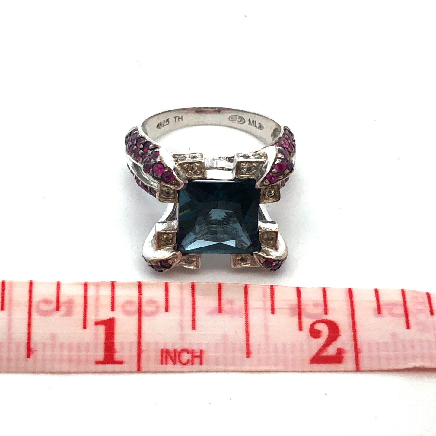 Sterling Silver London Blue Topaz Ruby Diamond Statement Cocktail Ring