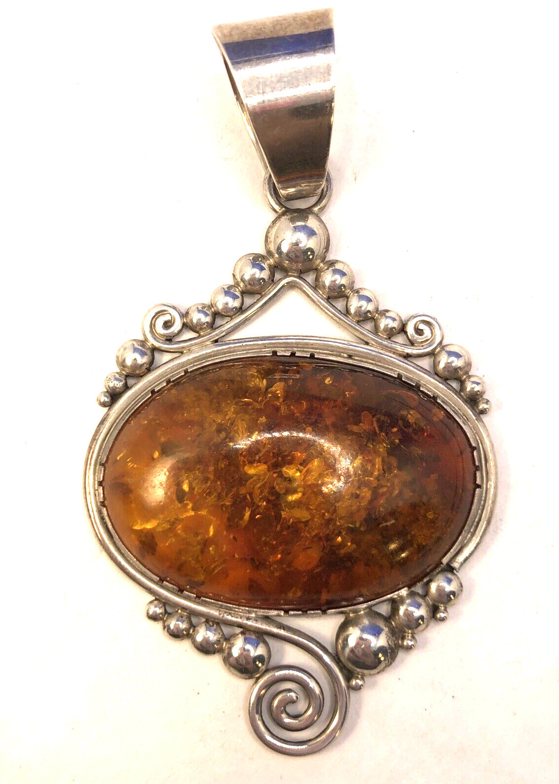 Vintage 925 Sterling Silver Oval Amber Open Scroll Statement Pendant