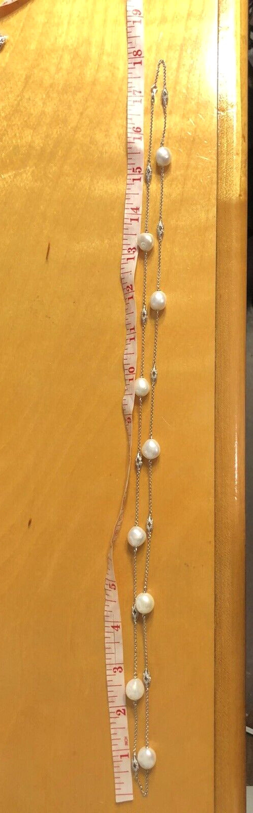 Estate 14K White Gold Art Deco Baroque Pearl Diamond Station Beaded Necklace