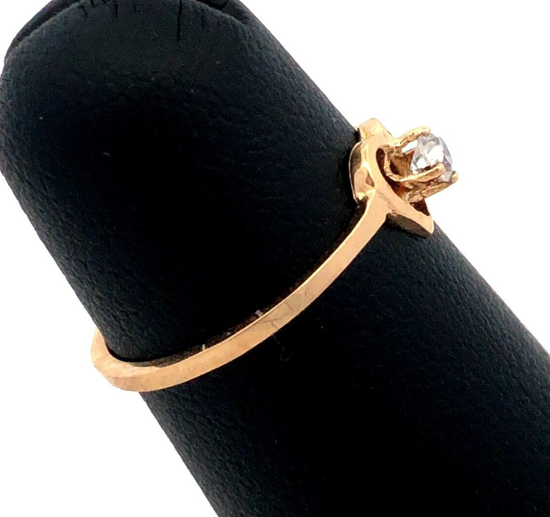 Estate 14K Yellow Gold Round White Tourmaline Solitaire Heart Love Promise Ring