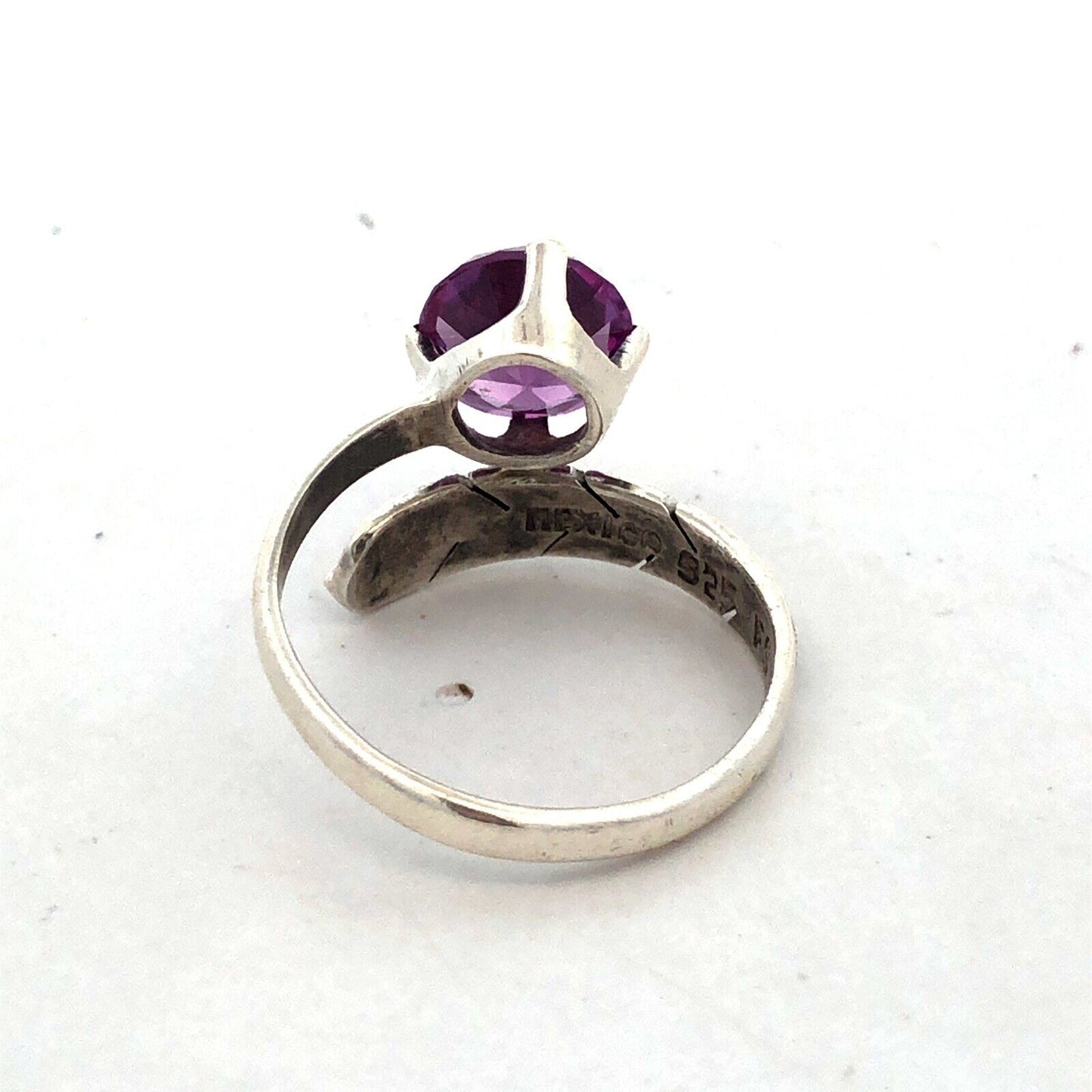 Vintage FS Mexico 925 Sterling Silver Round Purple Sapphire Feather Bypass Ring