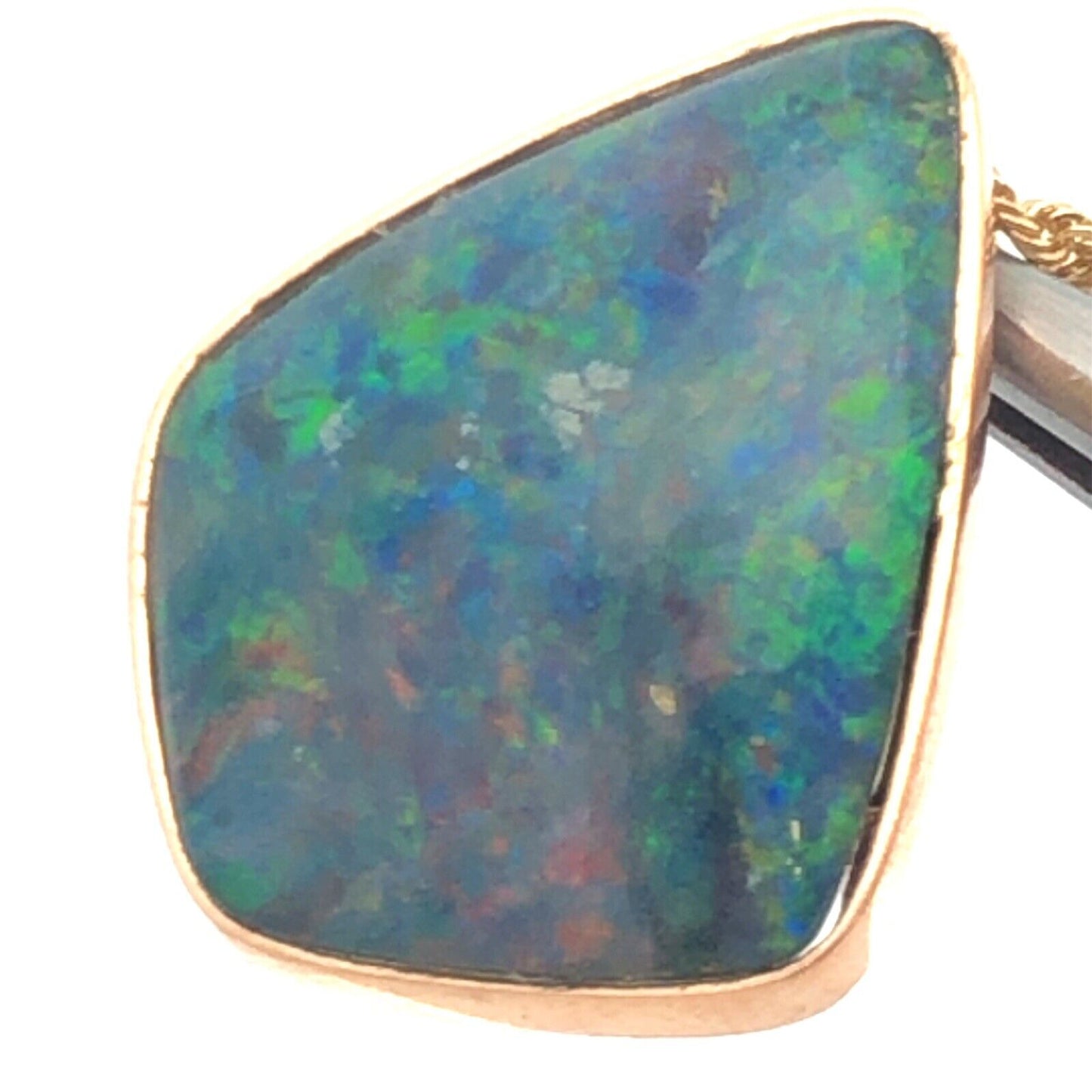 Designer IAJ 14K Yellow Gold Black Blue Opal Cabochon Bezel Pendant Necklace