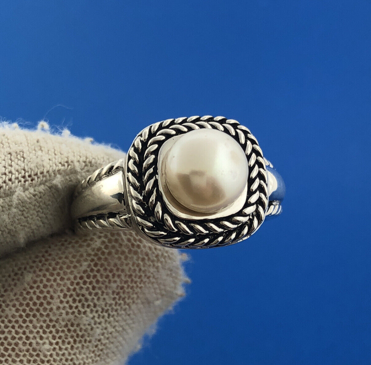Stunning Sterling Silver 925 White Pearl Square Rope Statement Ring Size 11
