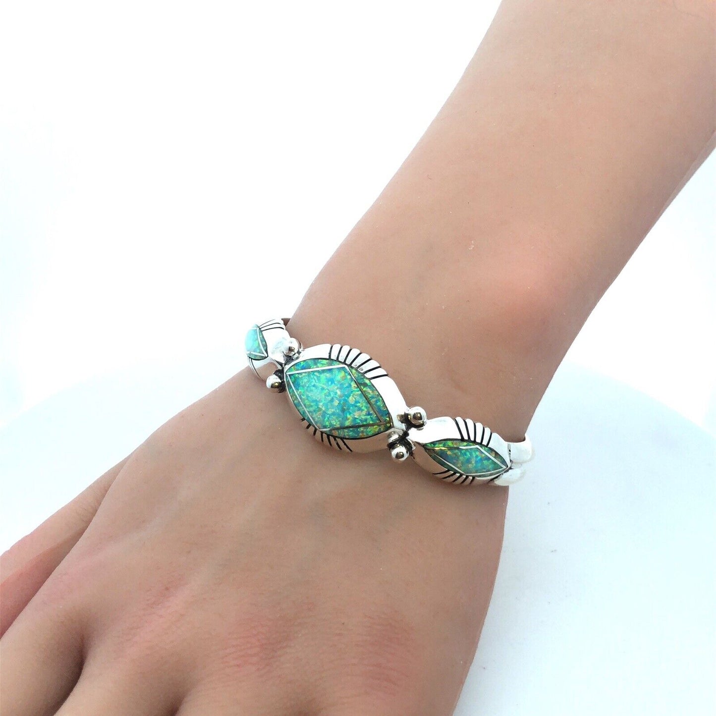 Native American Jerry T Nelson 925 Sterling Silver Blue Opal Oval Cuff Bracelet