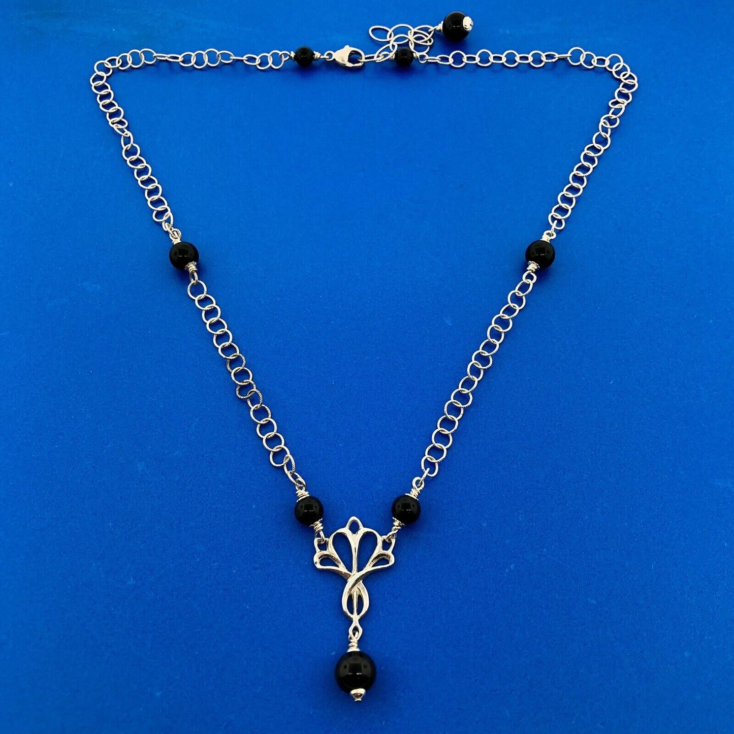 Stunning Sterling Silver 925 Onyx Bead Circle Link 20.5" Pendant Necklace
