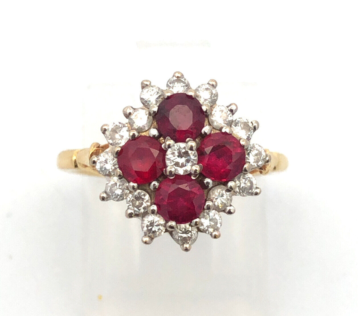 Estate Designer 18K Yellow Gold Ruby Diamond Flower Cluster Cocktail Ring