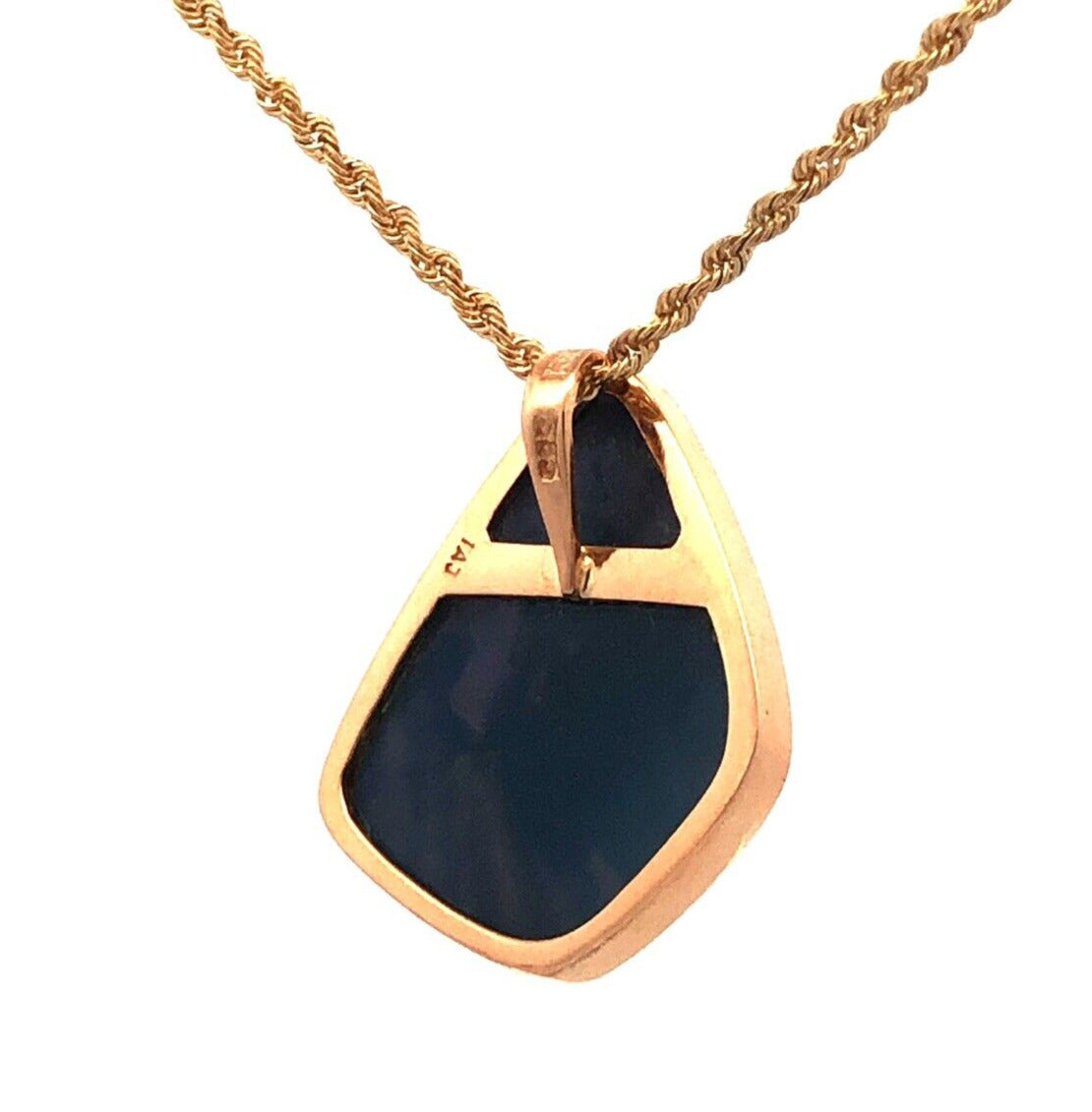 Designer IAJ 14K Yellow Gold Black Blue Opal Cabochon Bezel Pendant Necklace