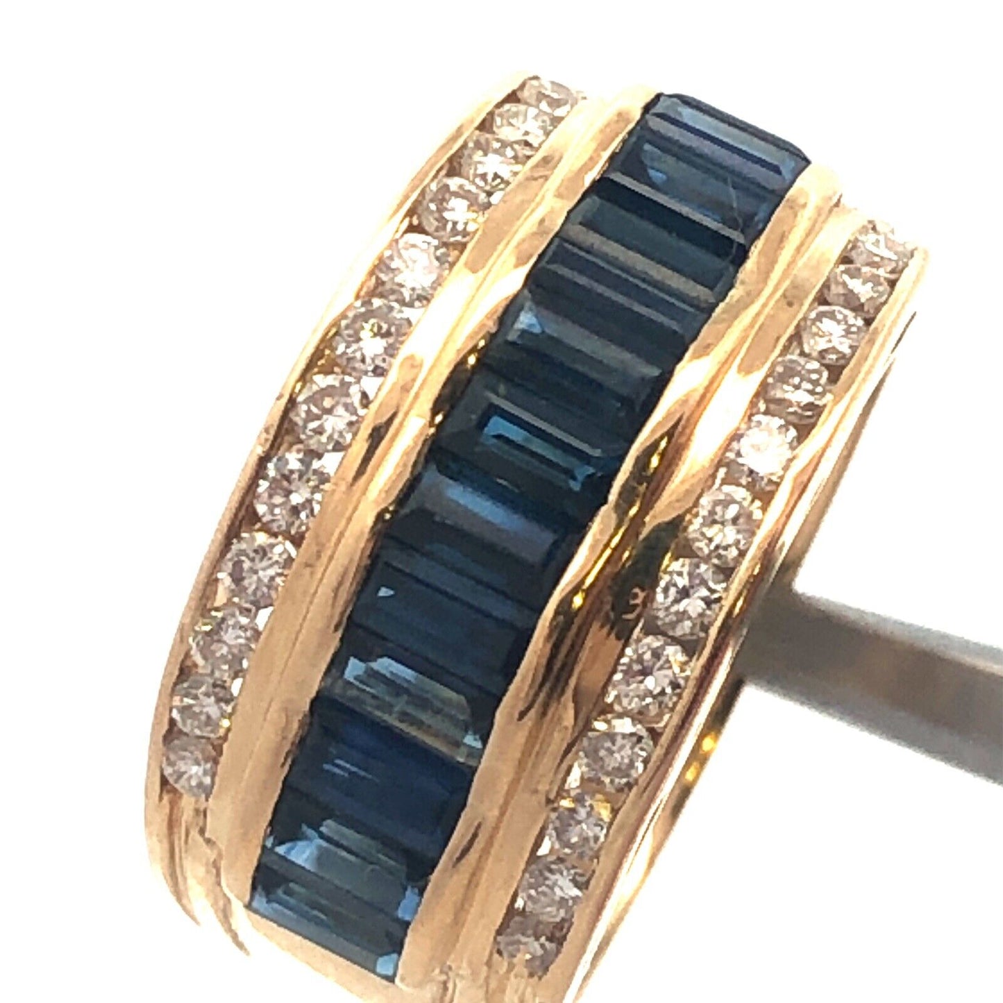 Vintage 14K Yellow Gold Sapphire Diamond Wedding Anniversary Wide Band Ring