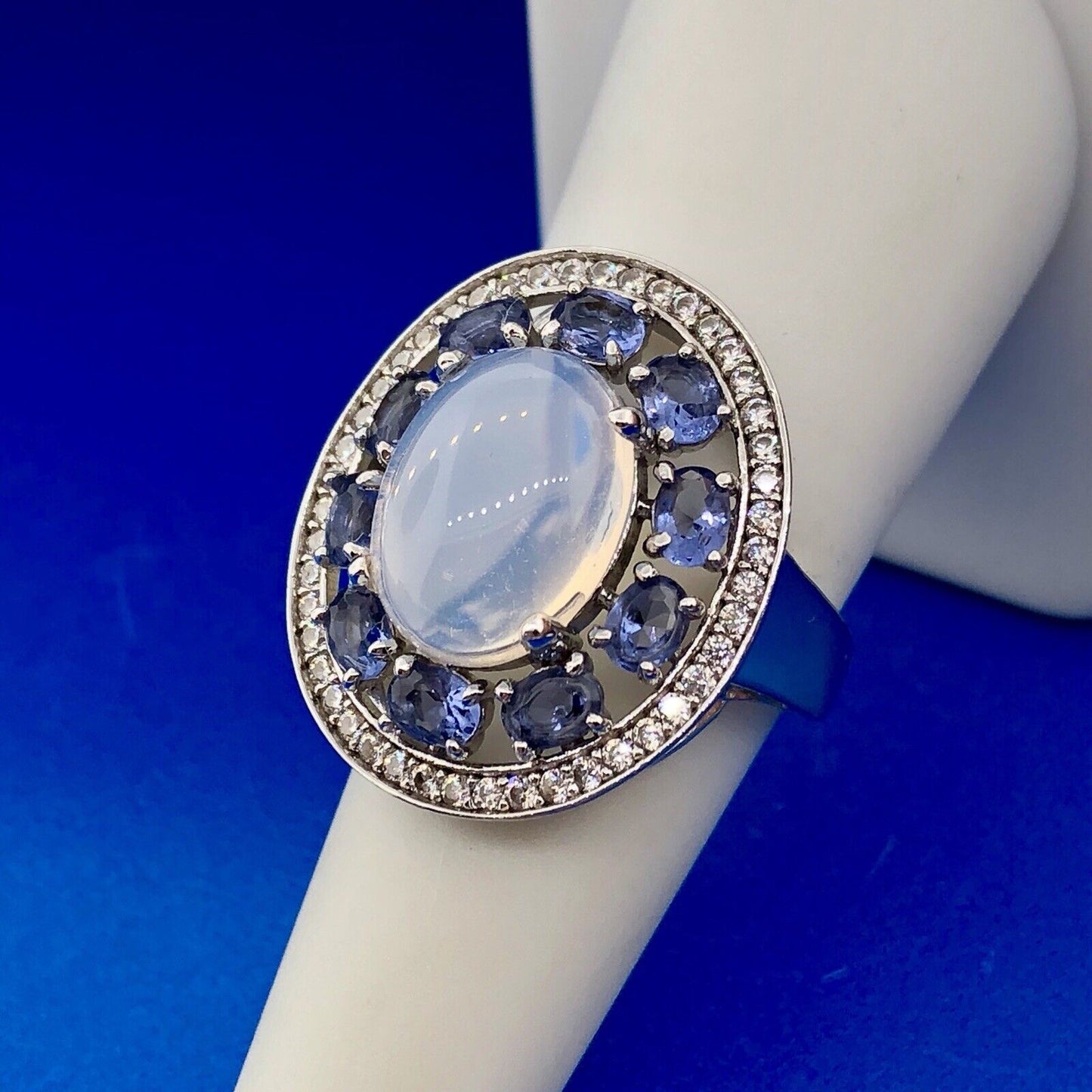 925 Sterling Silver Moonstone Tanzanite Diamond Double Halo Statement Ring