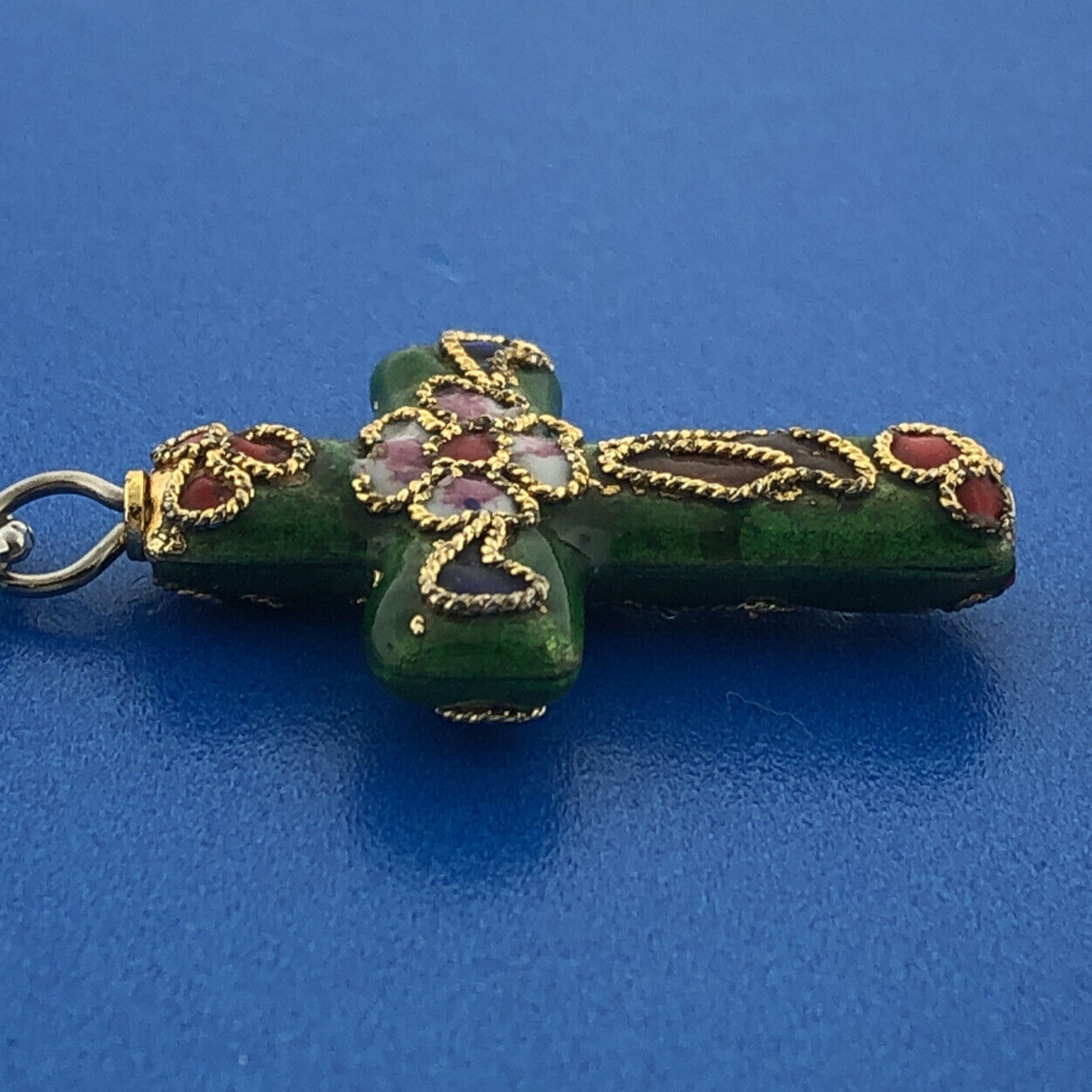 Retro 925 Sterling Silver Vermeil Enamel Cloisonne Cross Two Toned Necklace