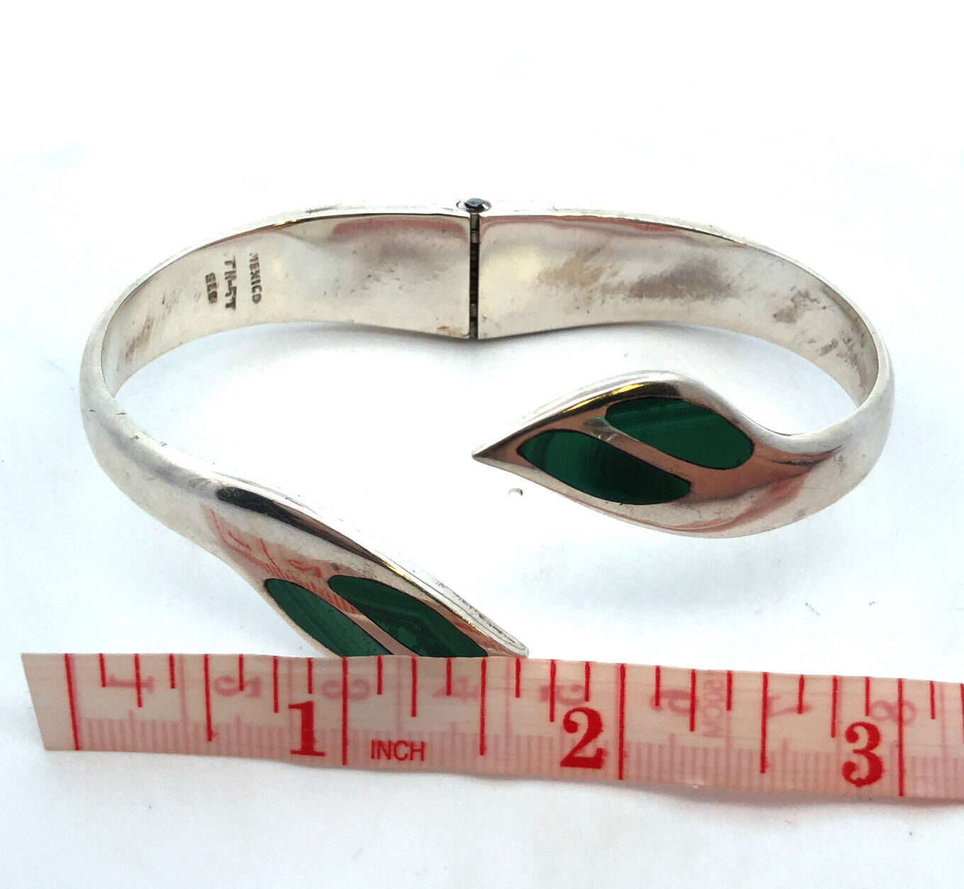 Mid Century Taxco Sterling Silver Malachite Inlay Modernist Hinged Cuff Bracelet