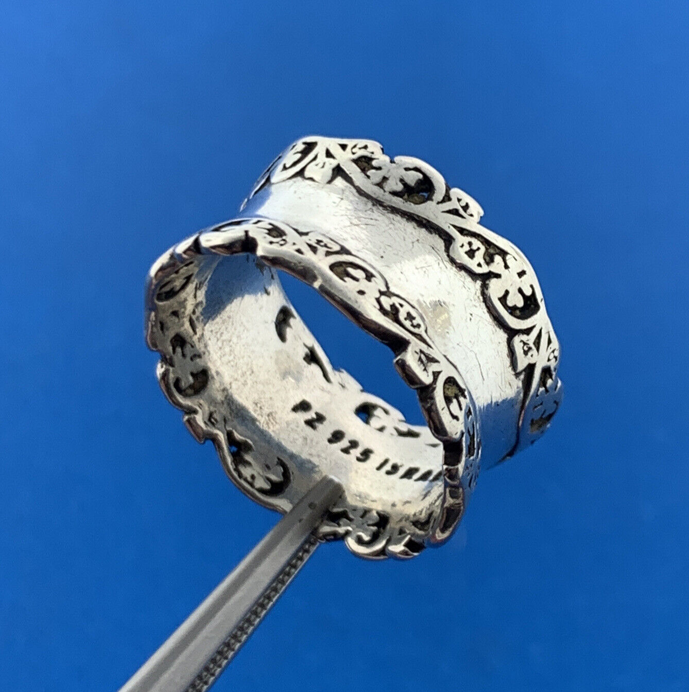 Designer PZ Israel 925 Sterling Silver Floral Scroll Wide Cigar Band Ring