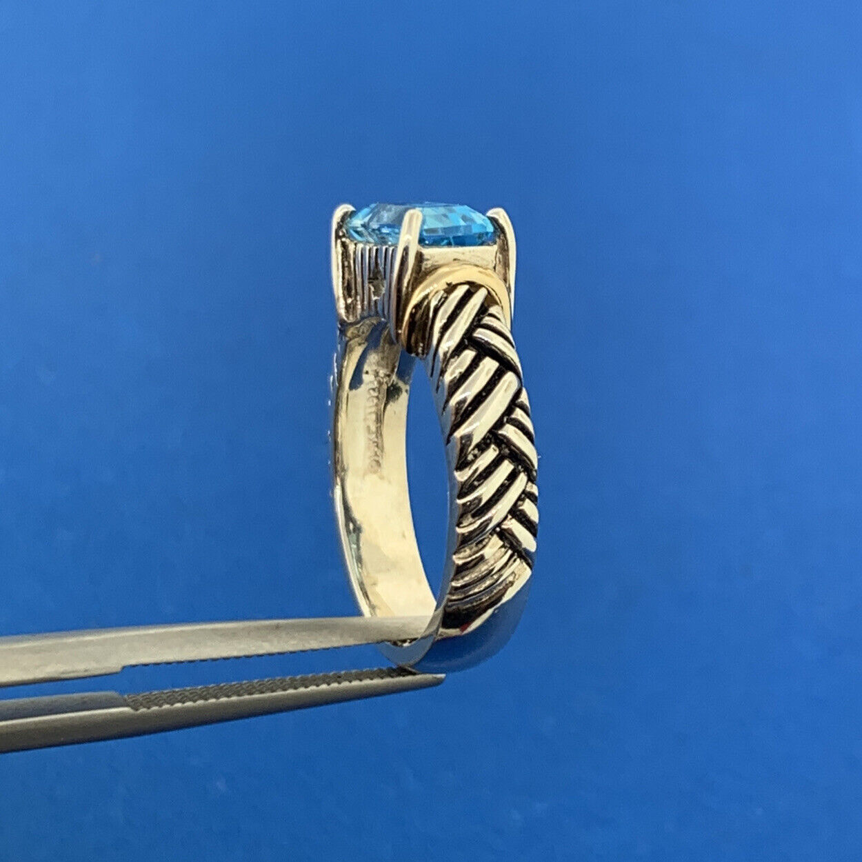 Andrea Candela 14K Yellow Gold 925 Sterling Silver Blue Topaz Woven Cable Ring