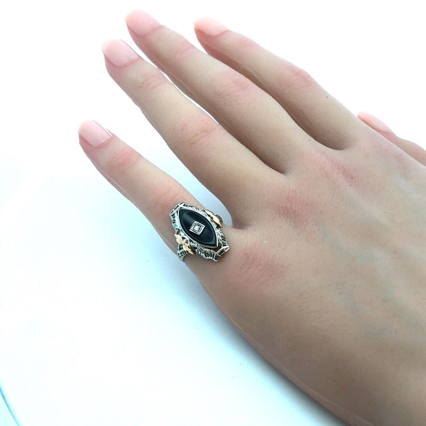 Vintage 14K White Yellow Gold Two Tone Black Onyx Diamond Art Deco Oval Ring