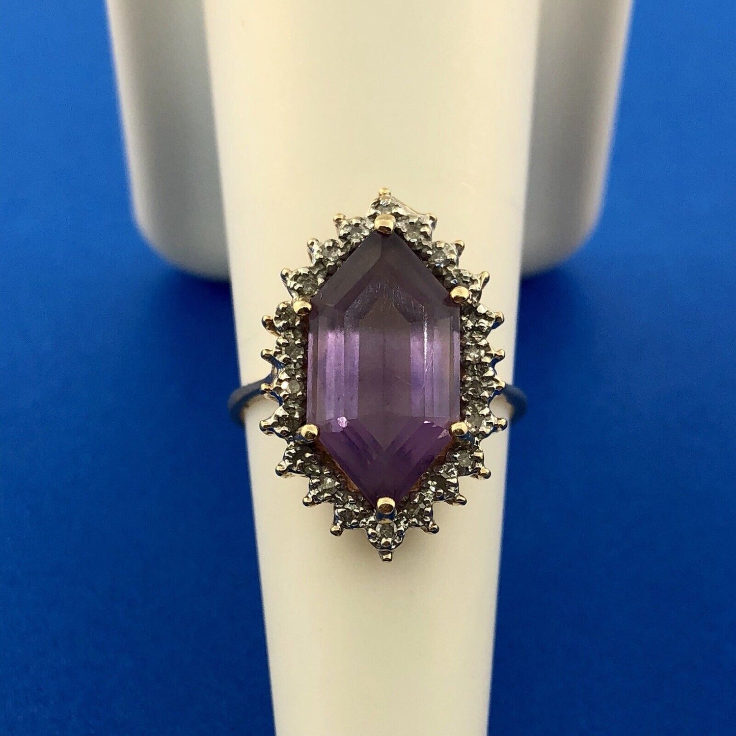Estate 14K Yellow Gold Amethyst Diamond Halo February Anniversary Occasion Ring